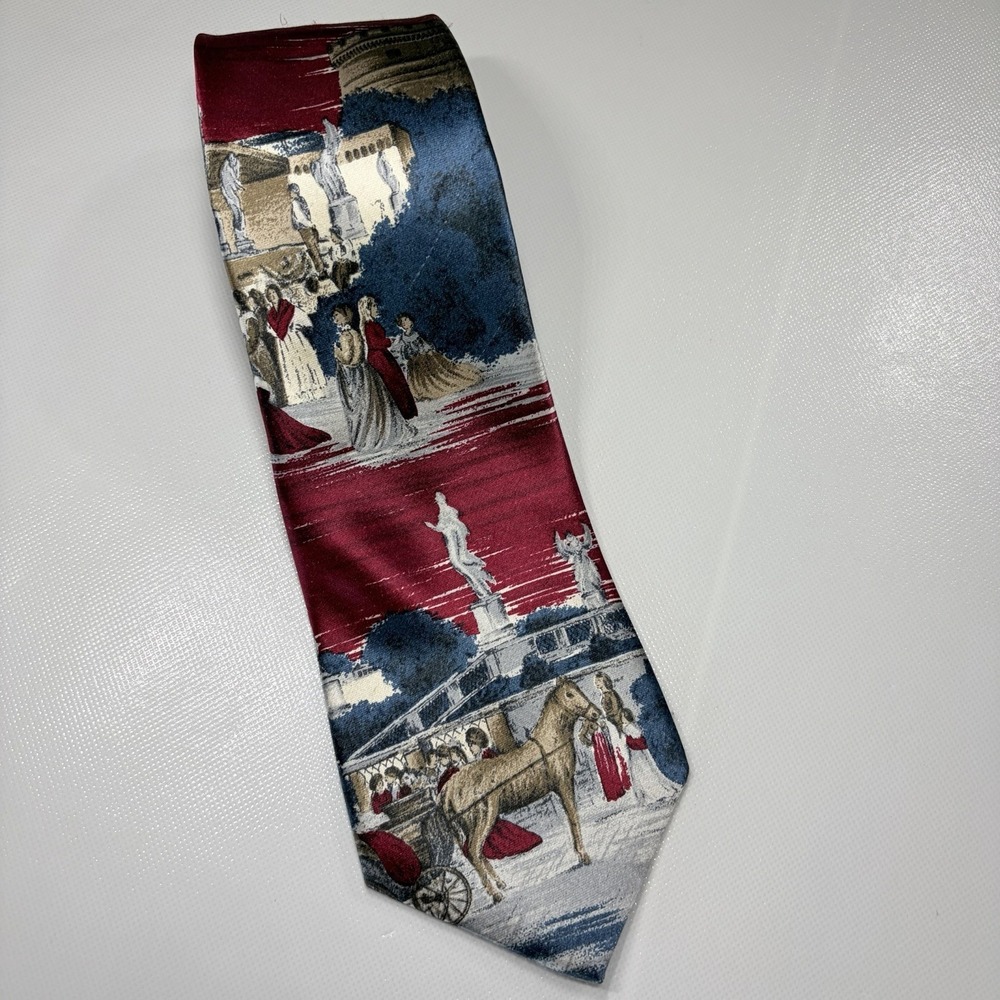 Stafford Silk Tie Red Scenic Toile Pattern Classic Mens Necktie Vintage Style